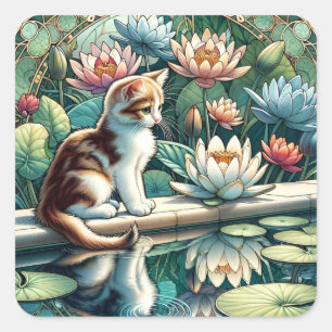 Serene Kitten Waterlily Art Nouveau Square Sticker