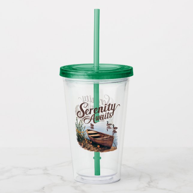 Serene Lake Boat with Geese and Wildflowers Acrylic Tumbler (Front)