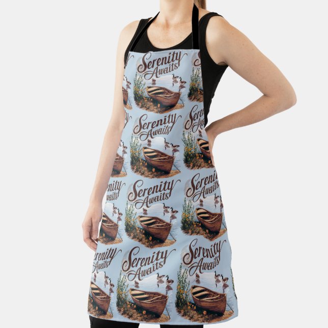 Serene Lake Boat with Geese and Wildflowers Apron (Insitu)