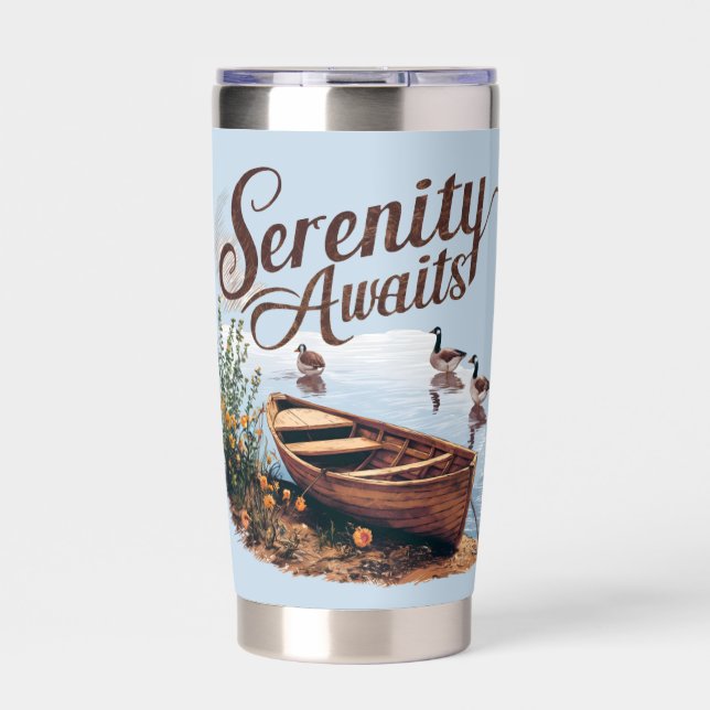 Serene Lake Boat with Geese and Wildflowers Insulated Tumbler (Front)