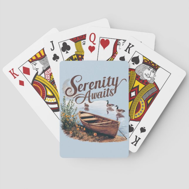 Serene Lake Boat with Geese and Wildflowers Poker Cards (Back)