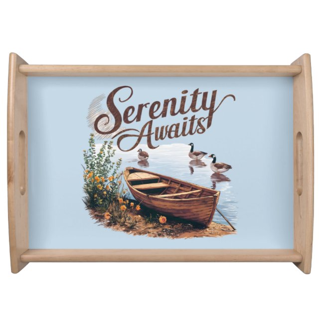 Serene Lake Boat with Geese and Wildflowers Serving Tray (Front)