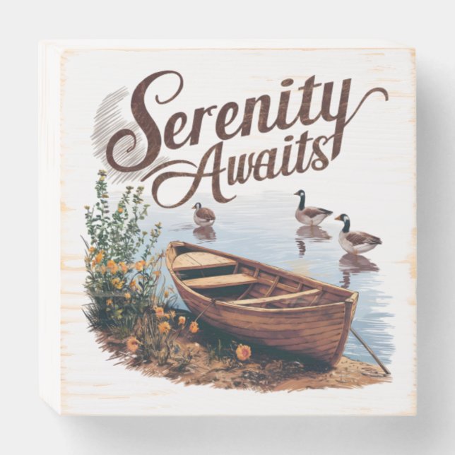 Serene Lake Boat with Geese and Wildflowers Wooden Box Sign (Front Horizontal)