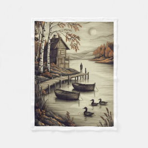 Serene Lake Cabin And Boats Fleece Blanket