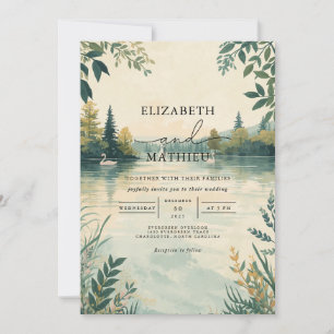 Serene Lake Landscape Botanical Wedding Invitation