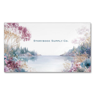 Serene Lake Landscape Pink Gold Floral Business Card Magnet