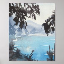 Serene Lake Landscape Watercolor Wall Art Print