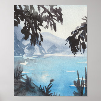 Serene Lake Landscape Watercolor Wall Art Print