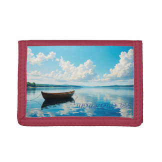Serene Lake Landscape with Wooden Rowboat Tri-fold Wallet