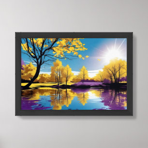 Serene Lake of Purple and Yellow Trees Reflection Framed Art