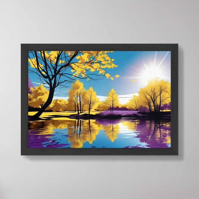 Serene Lake of Purple and Yellow Trees Reflection Framed Art (Framed Front)