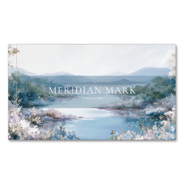 Serene Lake Pink Floral Gold Sparkle Business Card Magnet (Front)