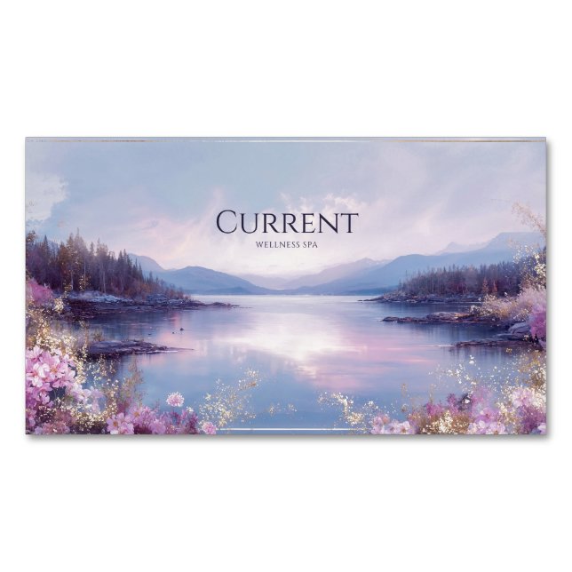 Serene Lake Pink Floral Gold Sparkle Business Card Magnet (Front)