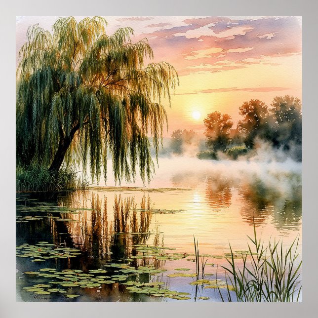Serene Lake Sunrise with Willow Tree Poster (Front)