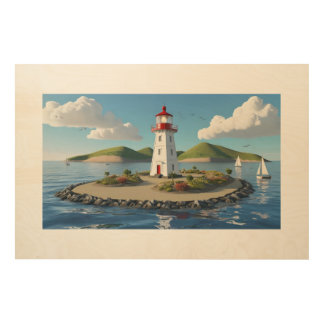 Serene Lighthouse Island with Sailboats Wood Wall Art