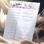 Serene Lilac Wedding Program Card<br><div class="desc">This elegant wedding program card is adorned with a tranquil arrangement of lilac flowers and greenery at the top, evoking the serene beauty of a spring garden. The blooms range from the softest shades of lavender to rich purples, harmoniously paired with olive and sage green leaves. Set against a crisp...</div>
