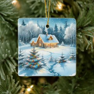 Serene Log Cabin in a Winter Forest Ceramic Ornament