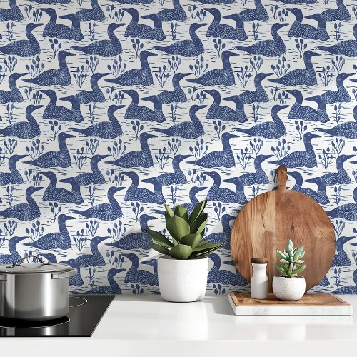 Serene Loon Pattern Blue and White Nature Design Wallpaper