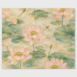 Serene Lotus Flowers & Dragonflies Japanese Botani Wrapping Paper
