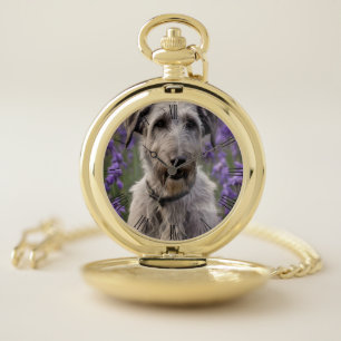 Serene Majesty: Wolfhound Sitting in a Purple Iris Pocket Watch