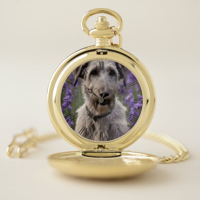 Serene Majesty: Wolfhound Sitting in a Purple Iris Pocket Watch (Inside)