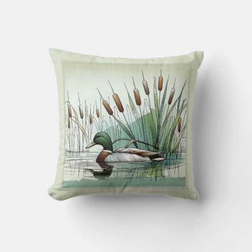 Serene Marshland Mallard Duck Amidst the Reeds Throw Pillow