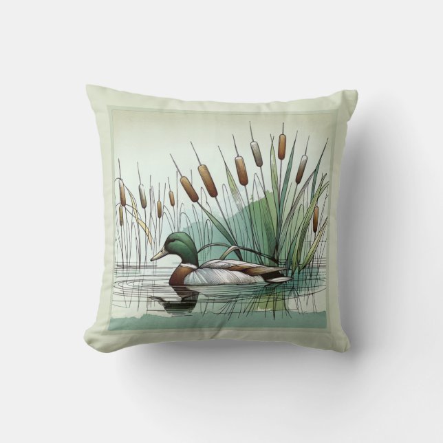 Serene Marshland Mallard Duck Amidst the Reeds Throw Pillow (Front)