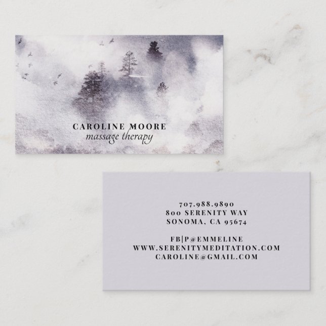 Serene Massage Therapy Mist Trees Watercolor Business Card (Front/Back)