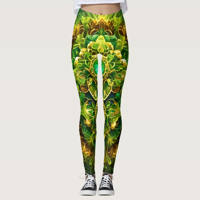"Serene Meadow: Symbolic Green Floral Leggings" Leggings (Front)