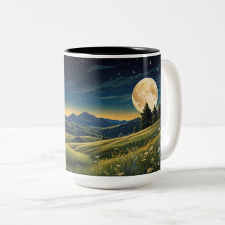Serene Meadow Under Starry Sky Moonlit Wild flowe Two-Tone Coffee Mug