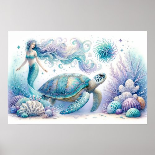 Serene Mermaid and Sea Turtle Print