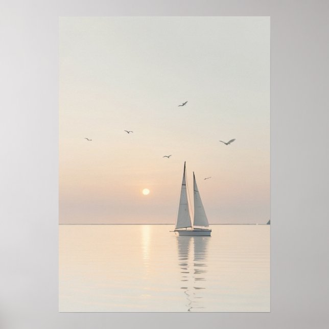 Serene Minimalist Sailing Boat Calm Waters Sunrise Poster (Front)