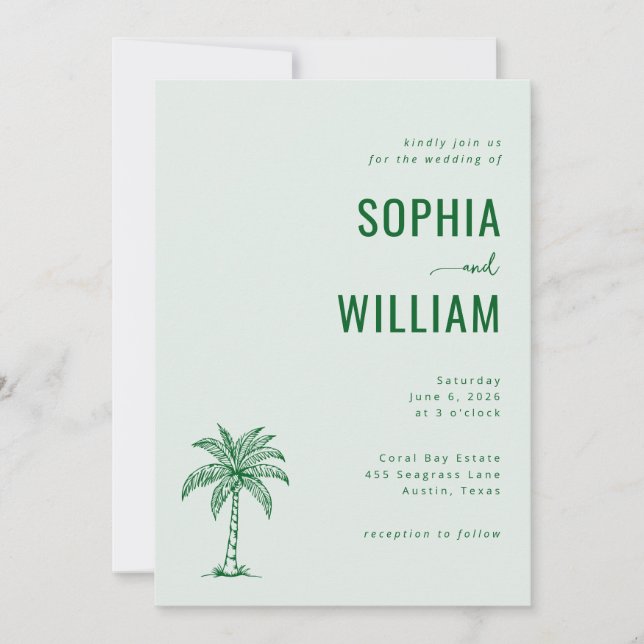 Serene Mint Palm Tree Wedding Invitation (Front)