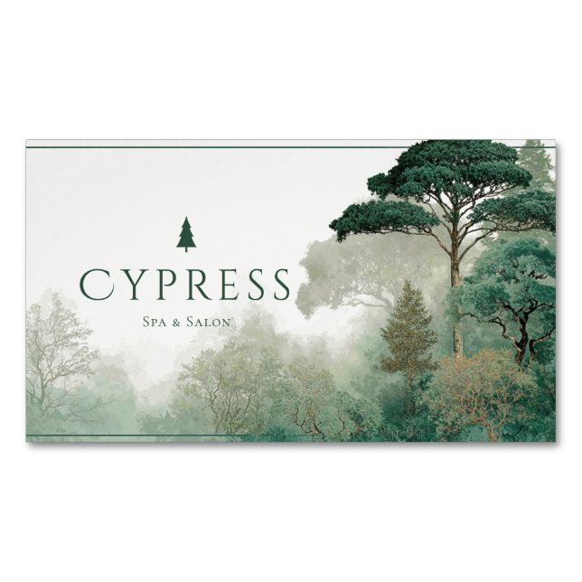 Serene Misty Forest Minimalist Green Trees Business Card Magnet (Front)