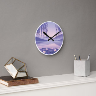 Serene Misty Lake at Dawn Circular Art Print Round Clock