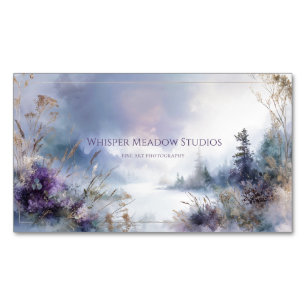 Serene Misty Lake Purple Floral Gold Sparkle Business Card Magnet