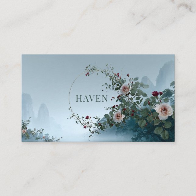 Serene Misty Lake Rose Vine Elegant Gold Frame Business Card (Front)