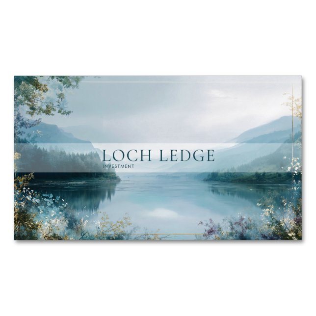 Serene Misty Mountain Lake Gold Sparkle Business Card Magnet (Front)