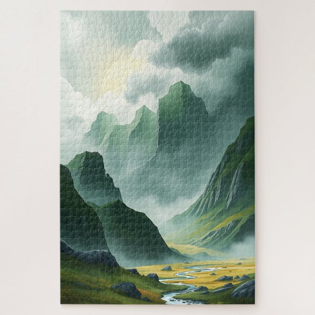 Serene Misty Mountains Emerald Valley  Jigsaw Puzzle (Vertical)