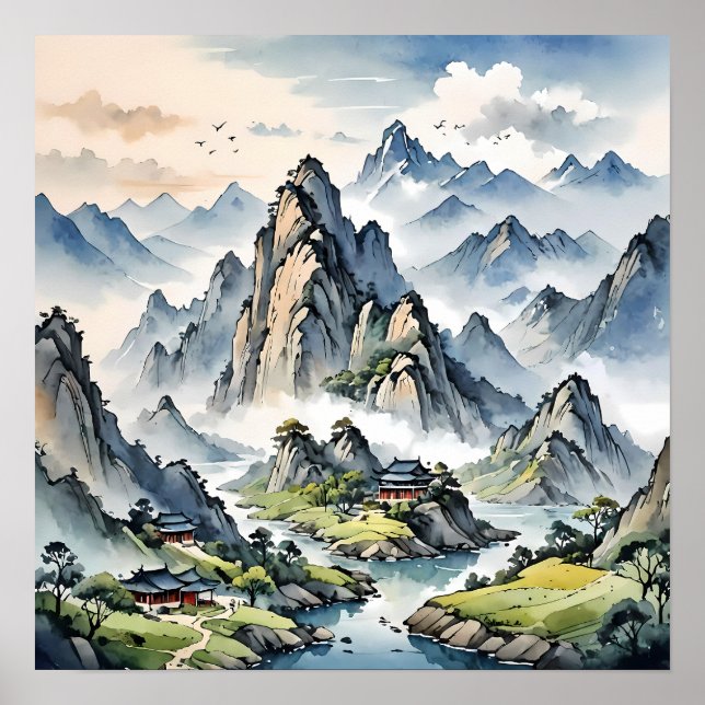 Serene Misty Mountains, Tranquil Landscape Poster (Front)
