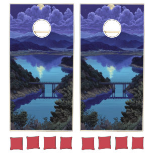Serene Moonlit Lake & Mountain Night Landscape Cornhole Set
