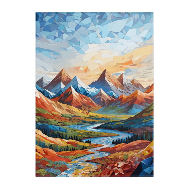 Serene Mosaic Mountain Range Acrylic Print (Front)