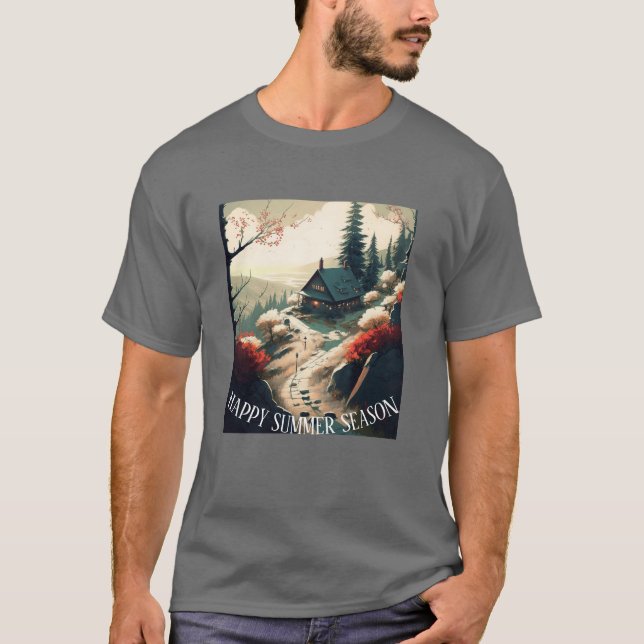Serene Mountain Cabin Landscape Summer Season T-Shirt (Front)