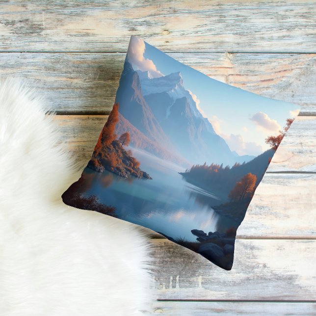 Serene Mountain Lake & Autumn Trees Landscape Throw Pillow (Creator Uploaded)