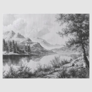Serene Mountain Lake Black & White Decoupage Tissue Paper