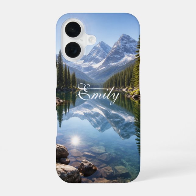 Serene Mountain Lake Landscape Personalized Name  iPhone Case (Back)