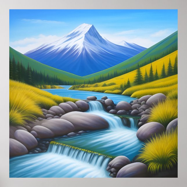 Serene Mountain Landscape with Cascading Stream Poster (Front)