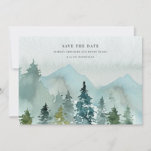 Serene Mountain Scenery Watercolor Wedding Save The Date