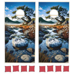 Serene Mountain Stream & Pine Tree Landscape Cornhole Set