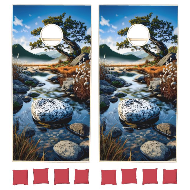 Serene Mountain Stream & Pine Tree Landscape  Cornhole Set (Set)